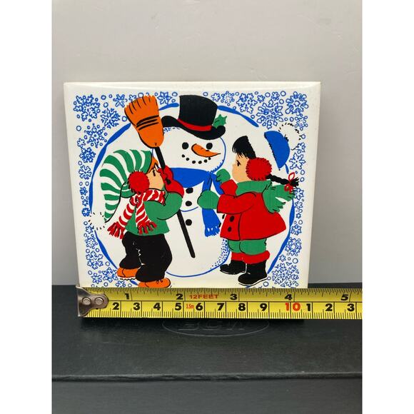 Vintage Jasco Ceramic Christmas Snowman Tile Trivet - Taiwan - Rubber Feet 4.25" - Picture 3 of 5